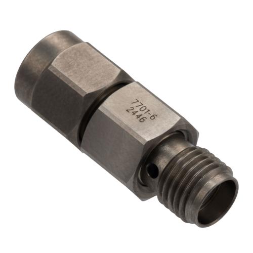 6 dB Fixed Attenuator for Cryogenic Application, SMA Male to SMA Female, DC to 18 GHz Rated to 2 Watt Passivated Stainless Steel Body FMAT7701-6