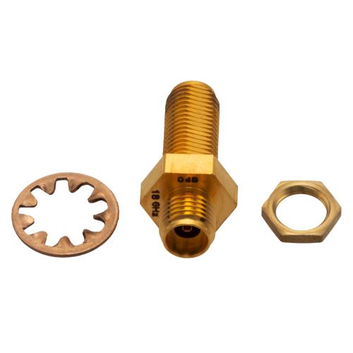 0 dB Fixed Attenuator Bulkhead for Cryogenic Application, 2.92mm female to 2.92mm Female, DC to 18 GHz Rated to 1 W Copper Gold Plated Body FMAT7702-0