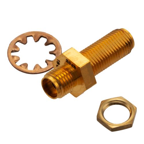 20 dB Fixed Attenuator Bulkhead for Cryogenic Application, 2.92mm female to 2.92mm Female, DC to 18 GHz Rated to 1 W Copper Gold Plated Body FMAT7702-20
