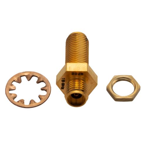 20 dB Fixed Attenuator Bulkhead for Cryogenic Application, 2.92mm female to 2.92mm Female, DC to 18 GHz Rated to 1 W Copper Gold Plated Body FMAT7702-20