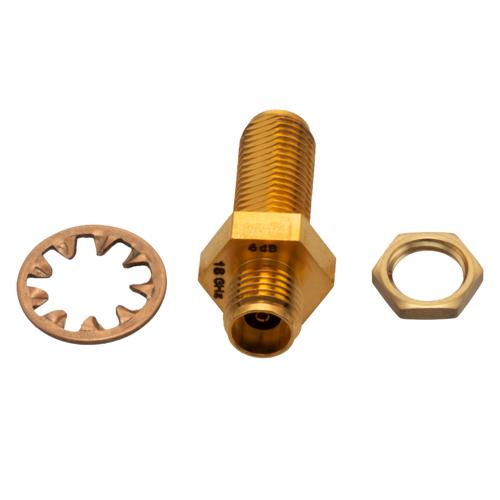 6 dB Fixed Attenuator Bulkhead for Cryogenic Application, 2.92mm female to 2.92mm Female, DC to 18 GHz Rated to 1 W Copper Gold Plated Body FMAT7702-6