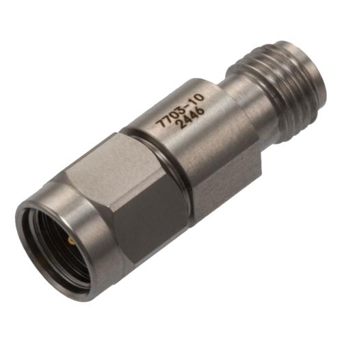 10 dB Fixed Attenuator for Cryogenic Application, 2.92mm Male to 2.92mm Female, DC to 40 GHz Rated to 1 Watt Passivated Stainless Steel Body FMAT7703-10