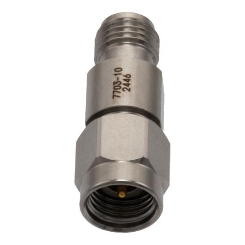 10 dB Fixed Attenuator for Cryogenic Application, 2.92mm Male to 2.92mm Female, DC to 40 GHz Rated to 1 Watt Passivated Stainless Steel Body FMAT7703-10