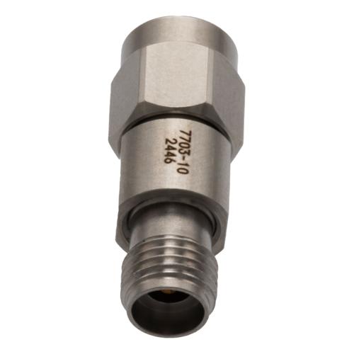 10 dB Fixed Attenuator for Cryogenic Application, 2.92mm Male to 2.92mm Female, DC to 40 GHz Rated to 1 Watt Passivated Stainless Steel Body FMAT7703-10