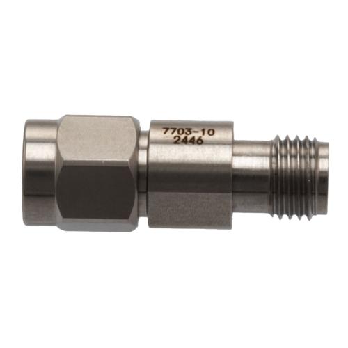 10 dB Fixed Attenuator for Cryogenic Application, 2.92mm Male to 2.92mm Female, DC to 40 GHz Rated to 1 Watt Passivated Stainless Steel Body FMAT7703-10