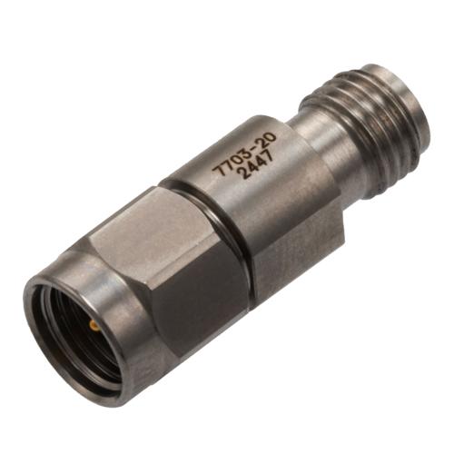 20 dB Fixed Attenuator for Cryogenic Application, 2.92mm Male to 2.92mm Female, DC to 40 GHz Rated to 1 Watt Passivated Stainless Steel Body FMAT7703-20