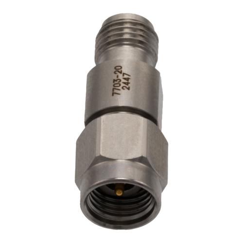 20 dB Fixed Attenuator for Cryogenic Application, 2.92mm Male to 2.92mm Female, DC to 40 GHz Rated to 1 Watt Passivated Stainless Steel Body FMAT7703-20
