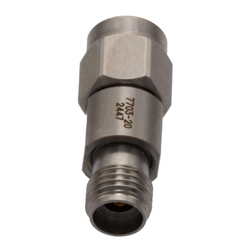 20 dB Fixed Attenuator for Cryogenic Application, 2.92mm Male to 2.92mm Female, DC to 40 GHz Rated to 1 Watt Passivated Stainless Steel Body FMAT7703-20