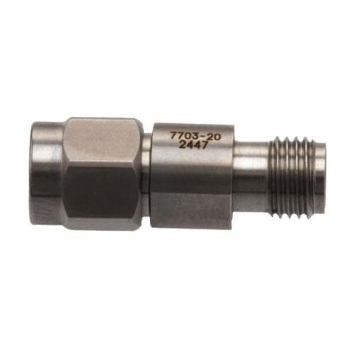 20 dB Fixed Attenuator for Cryogenic Application, 2.92mm Male to 2.92mm Female, DC to 40 GHz Rated to 1 Watt Passivated Stainless Steel Body FMAT7703-20
