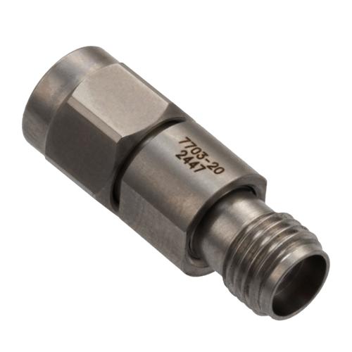 20 dB Fixed Attenuator for Cryogenic Application, 2.92mm Male to 2.92mm Female, DC to 40 GHz Rated to 1 Watt Passivated Stainless Steel Body FMAT7703-20