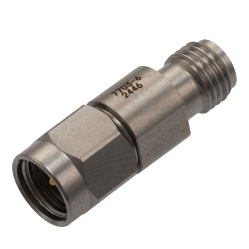 6 dB Fixed Attenuator for Cryogenic Application, 2.92mm Male to 2.92mm Female, DC to 40 GHz Rated to 1 Watt Passivated Stainless Steel Body FMAT7703-6