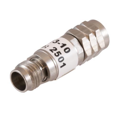 10 dB Fixed Attenuator 1.85mm Male (Plug) to 1.85mm Female (Jack) DC to 67 GHz Rated to 2 Watt, Passivated Stainless Steel Body 1.45:1 VSWR FMAT7713-10