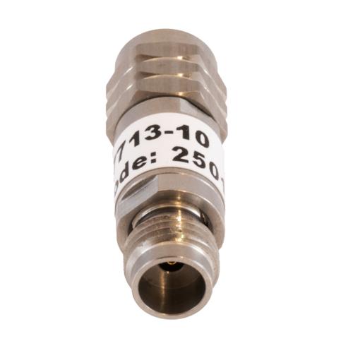 10 dB Fixed Attenuator 1.85mm Male (Plug) to 1.85mm Female (Jack) DC to 67 GHz Rated to 2 Watt, Passivated Stainless Steel Body 1.45:1 VSWR FMAT7713-10