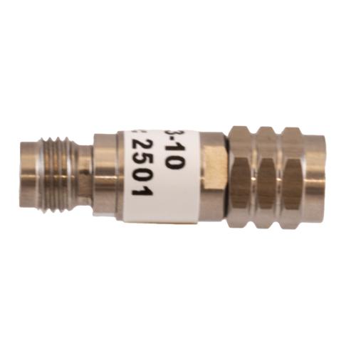 10 dB Fixed Attenuator 1.85mm Male (Plug) to 1.85mm Female (Jack) DC to 67 GHz Rated to 2 Watt, Passivated Stainless Steel Body 1.45:1 VSWR FMAT7713-10