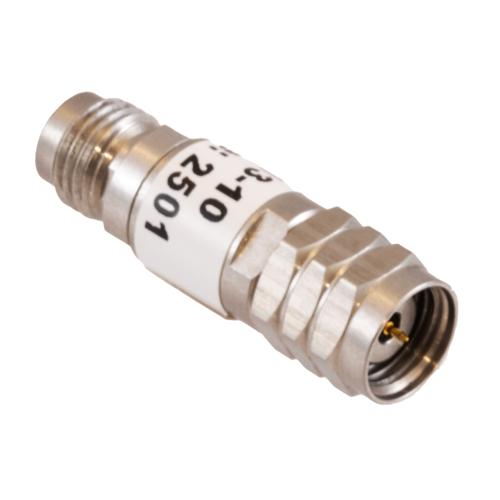 10 dB Fixed Attenuator 1.85mm Male (Plug) to 1.85mm Female (Jack) DC to 67 GHz Rated to 2 Watt, Passivated Stainless Steel Body 1.45:1 VSWR FMAT7713-10