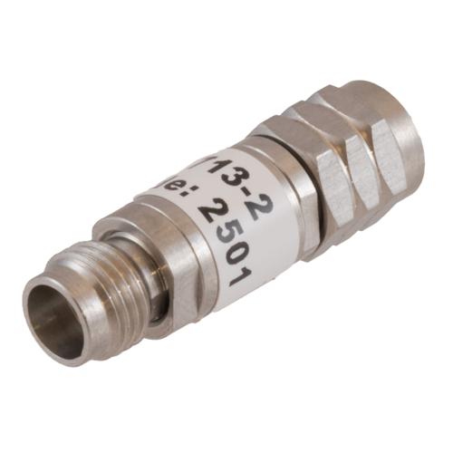 2 dB Fixed Attenuator 1.85mm Male (Plug) to 1.85mm Female (Jack) DC to 67 GHz Rated to 2 Watt, Passivated Stainless Steel Body 1.45:1 VSWR FMAT7713-2