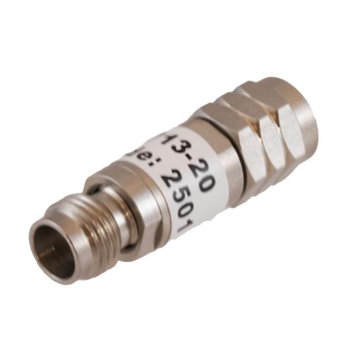 20 dB Fixed Attenuator 1.85mm Male (Plug) to 1.85mm Female (Jack) DC to 67 GHz Rated to 2 Watt, Passivated Stainless Steel Body 1.45:1 VSWR FMAT7713-20