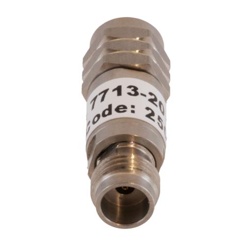 20 dB Fixed Attenuator 1.85mm Male (Plug) to 1.85mm Female (Jack) DC to 67 GHz Rated to 2 Watt, Passivated Stainless Steel Body 1.45:1 VSWR FMAT7713-20