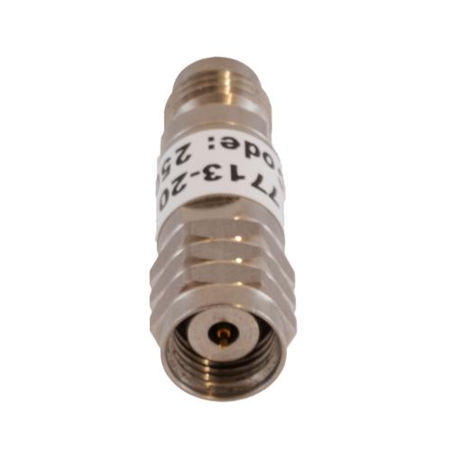 20 dB Fixed Attenuator 1.85mm Male (Plug) to 1.85mm Female (Jack) DC to 67 GHz Rated to 2 Watt, Passivated Stainless Steel Body 1.45:1 VSWR FMAT7713-20