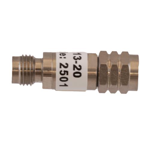 20 dB Fixed Attenuator 1.85mm Male (Plug) to 1.85mm Female (Jack) DC to 67 GHz Rated to 2 Watt, Passivated Stainless Steel Body 1.45:1 VSWR FMAT7713-20