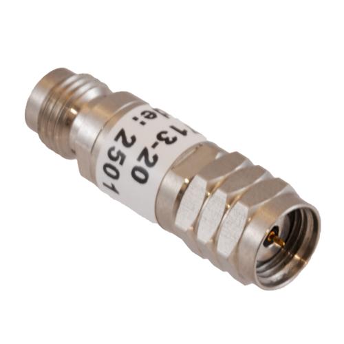 20 dB Fixed Attenuator 1.85mm Male (Plug) to 1.85mm Female (Jack) DC to 67 GHz Rated to 2 Watt, Passivated Stainless Steel Body 1.45:1 VSWR FMAT7713-20
