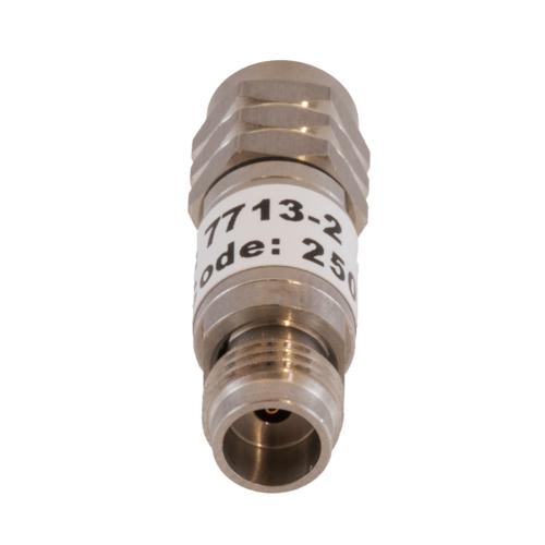 2 dB Fixed Attenuator 1.85mm Male (Plug) to 1.85mm Female (Jack) DC to 67 GHz Rated to 2 Watt, Passivated Stainless Steel Body 1.45:1 VSWR FMAT7713-2