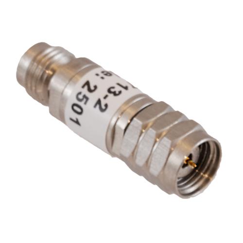 2 dB Fixed Attenuator 1.85mm Male (Plug) to 1.85mm Female (Jack) DC to 67 GHz Rated to 2 Watt, Passivated Stainless Steel Body 1.45:1 VSWR FMAT7713-2