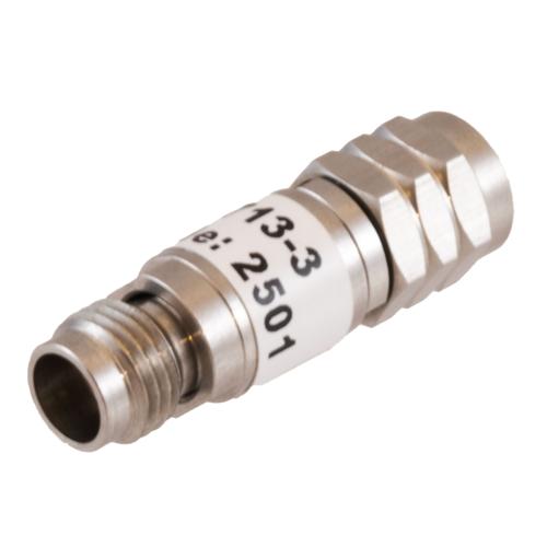 3 dB Fixed Attenuator 1.85mm Male (Plug) to 1.85mm Female (Jack) DC to 67 GHz Rated to 2 Watt, Passivated Stainless Steel Body 1.45:1 VSWR FMAT7713-3