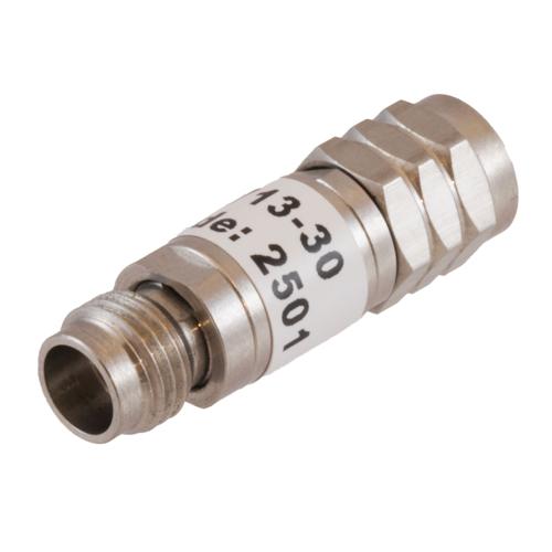30 dB Fixed Attenuator 1.85mm Male (Plug) to 1.85mm Female (Jack) DC to 67 GHz Rated to 2 Watt, Passivated Stainless Steel Body 1.45:1 VSWR FMAT7713-30