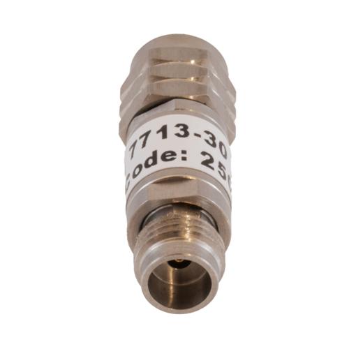 30 dB Fixed Attenuator 1.85mm Male (Plug) to 1.85mm Female (Jack) DC to 67 GHz Rated to 2 Watt, Passivated Stainless Steel Body 1.45:1 VSWR FMAT7713-30