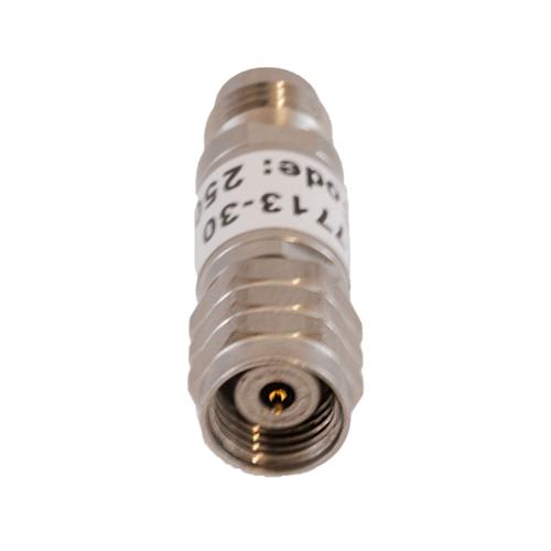 30 dB Fixed Attenuator 1.85mm Male (Plug) to 1.85mm Female (Jack) DC to 67 GHz Rated to 2 Watt, Passivated Stainless Steel Body 1.45:1 VSWR FMAT7713-30