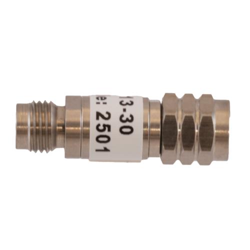 30 dB Fixed Attenuator 1.85mm Male (Plug) to 1.85mm Female (Jack) DC to 67 GHz Rated to 2 Watt, Passivated Stainless Steel Body 1.45:1 VSWR FMAT7713-30
