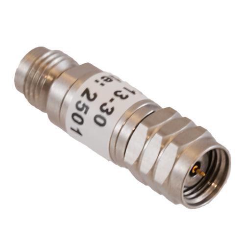 30 dB Fixed Attenuator 1.85mm Male (Plug) to 1.85mm Female (Jack) DC to 67 GHz Rated to 2 Watt, Passivated Stainless Steel Body 1.45:1 VSWR FMAT7713-30