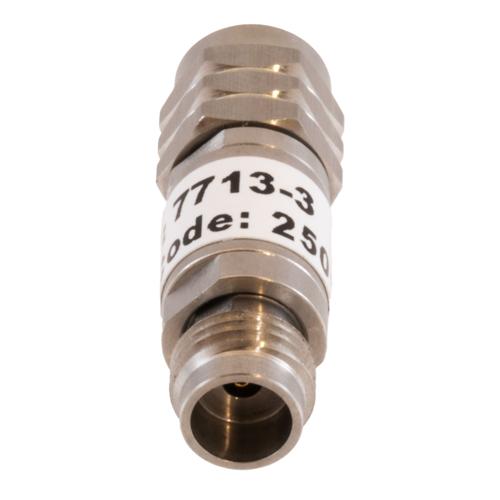 3 dB Fixed Attenuator 1.85mm Male (Plug) to 1.85mm Female (Jack) DC to 67 GHz Rated to 2 Watt, Passivated Stainless Steel Body 1.45:1 VSWR FMAT7713-3