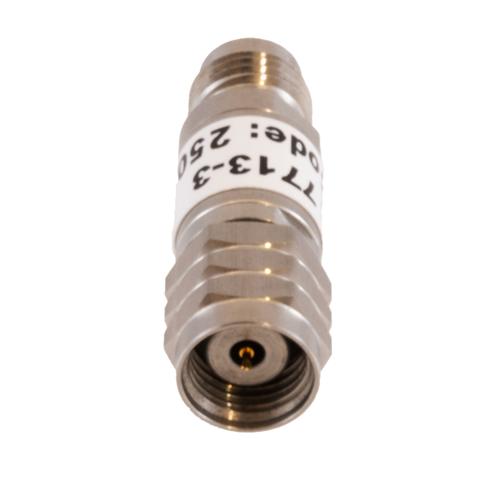 3 dB Fixed Attenuator 1.85mm Male (Plug) to 1.85mm Female (Jack) DC to 67 GHz Rated to 2 Watt, Passivated Stainless Steel Body 1.45:1 VSWR FMAT7713-3
