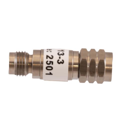 3 dB Fixed Attenuator 1.85mm Male (Plug) to 1.85mm Female (Jack) DC to 67 GHz Rated to 2 Watt, Passivated Stainless Steel Body 1.45:1 VSWR FMAT7713-3