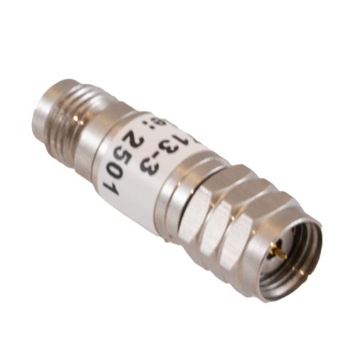 3 dB Fixed Attenuator 1.85mm Male (Plug) to 1.85mm Female (Jack) DC to 67 GHz Rated to 2 Watt, Passivated Stainless Steel Body 1.45:1 VSWR FMAT7713-3