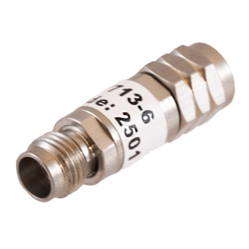 6 dB Fixed Attenuator 1.85mm Male (Plug) to 1.85mm Female (Jack) DC to 67 GHz Rated to 2 Watt, Passivated Stainless Steel Body 1.45:1 VSWR FMAT7713-6