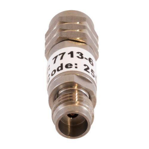 6 dB Fixed Attenuator 1.85mm Male (Plug) to 1.85mm Female (Jack) DC to 67 GHz Rated to 2 Watt, Passivated Stainless Steel Body 1.45:1 VSWR FMAT7713-6