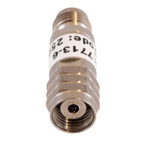 6 dB Fixed Attenuator 1.85mm Male (Plug) to 1.85mm Female (Jack) DC to 67 GHz Rated to 2 Watt, Passivated Stainless Steel Body 1.45:1 VSWR FMAT7713-6