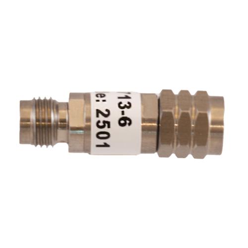 6 dB Fixed Attenuator 1.85mm Male (Plug) to 1.85mm Female (Jack) DC to 67 GHz Rated to 2 Watt, Passivated Stainless Steel Body 1.45:1 VSWR FMAT7713-6