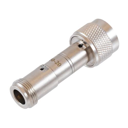 20 dB Fixed Attenuator 75 Ohm N-Type Male (Plug) to 75 Ohm N-Type Female (Jack) DC to 4 GHz rated to 2 Watt Brass Tri-Metal Body 1.35:1 VSWR FMAT7750-20