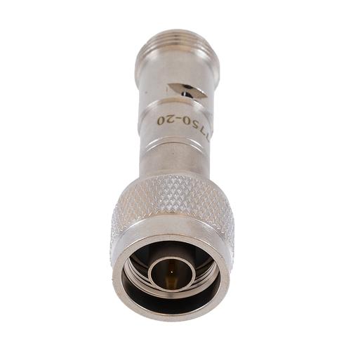 20 dB Fixed Attenuator 75 Ohm N-Type Male (Plug) to 75 Ohm N-Type Female (Jack) DC to 4 GHz rated to 2 Watt Brass Tri-Metal Body 1.35:1 VSWR FMAT7750-20