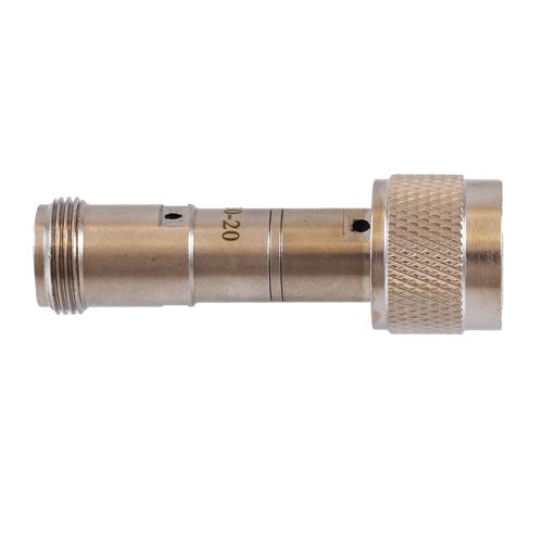 20 dB Fixed Attenuator 75 Ohm N-Type Male (Plug) to 75 Ohm N-Type Female (Jack) DC to 4 GHz rated to 2 Watt Brass Tri-Metal Body 1.35:1 VSWR FMAT7750-20
