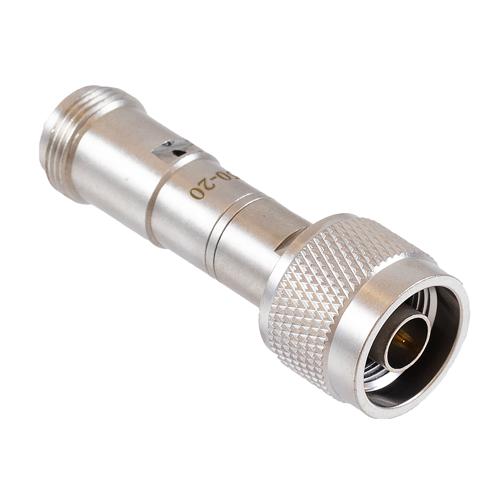 20 dB Fixed Attenuator 75 Ohm N-Type Male (Plug) to 75 Ohm N-Type Female (Jack) DC to 4 GHz rated to 2 Watt Brass Tri-Metal Body 1.35:1 VSWR FMAT7750-20