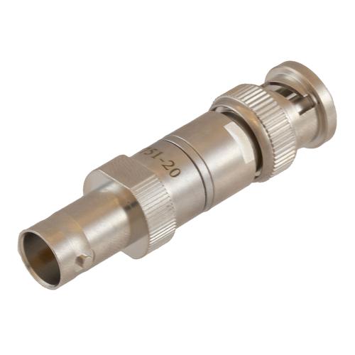 20 dB Fixed Attenuator 75 Ohm BNC Male (Plug) to 75 Ohm BNC Female (Jack) DC to 1 GHz rated to 1 Watt Brass Tri-Metal Body 1.2:1 VSWR FMAT7751-20