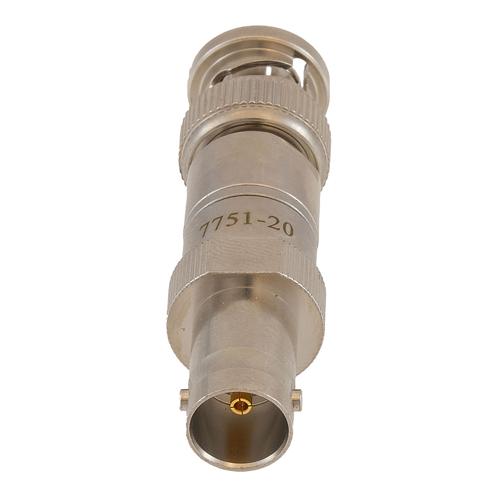 20 dB Fixed Attenuator 75 Ohm BNC Male (Plug) to 75 Ohm BNC Female (Jack) DC to 1 GHz rated to 1 Watt Brass Tri-Metal Body 1.2:1 VSWR FMAT7751-20
