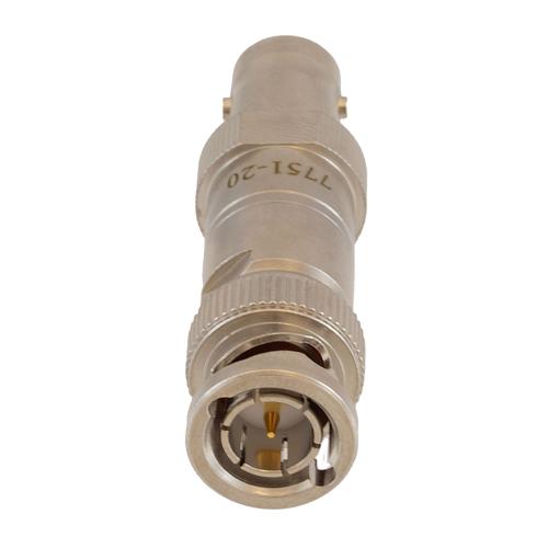 20 dB Fixed Attenuator 75 Ohm BNC Male (Plug) to 75 Ohm BNC Female (Jack) DC to 1 GHz rated to 1 Watt Brass Tri-Metal Body 1.2:1 VSWR FMAT7751-20