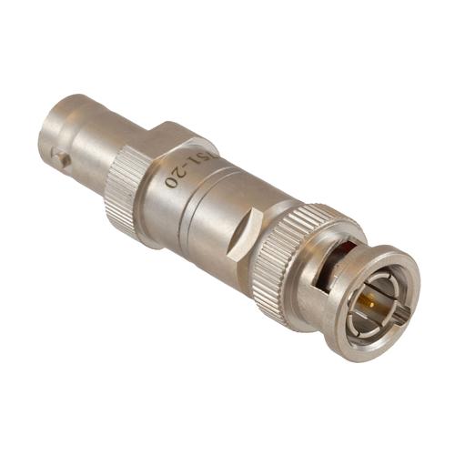 20 dB Fixed Attenuator 75 Ohm BNC Male (Plug) to 75 Ohm BNC Female (Jack) DC to 1 GHz rated to 1 Watt Brass Tri-Metal Body 1.2:1 VSWR FMAT7751-20