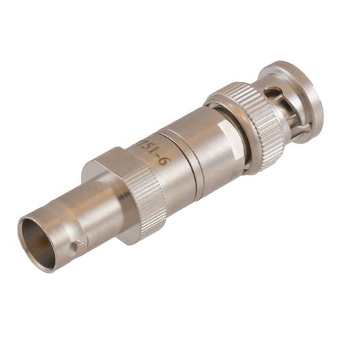 6 dB Fixed Attenuator 75 Ohm BNC Male (Plug) to 75 Ohm BNC Female (Jack) DC to 1 GHz rated to 1 Watt Brass Tri-Metal Body 1.2:1 VSWR FMAT7751-6